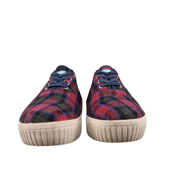 Toms Shoes Womens 8 Sneaker Cordones Indio Casual Fashion Plaid Red Blue Lace Up - Picture 2 of 13